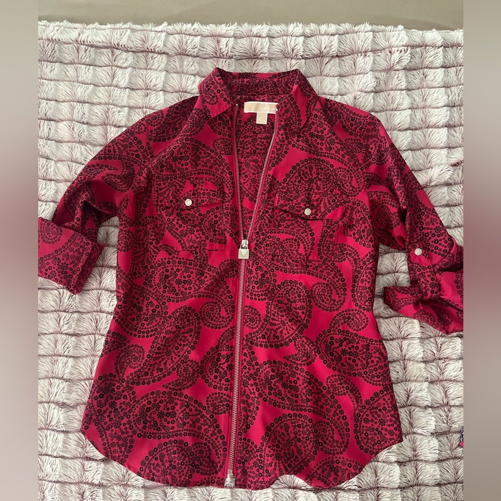 Michaels Kors Pink and Black Paisley Zipper Top